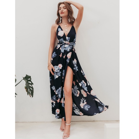 Deep V Backless Strappy Navy Floral Maxi Dress - Picture 2 of 8